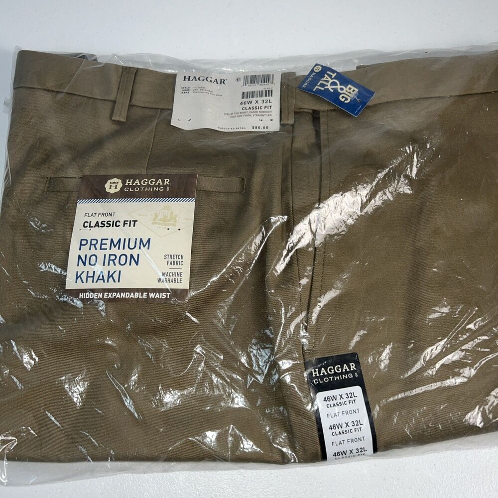 Haggar Classic Fit Khaki Dress Pants 46x32 Big & Tall Stretch Waistband NWT